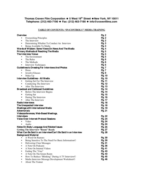 Media Training Manual Table of Contents